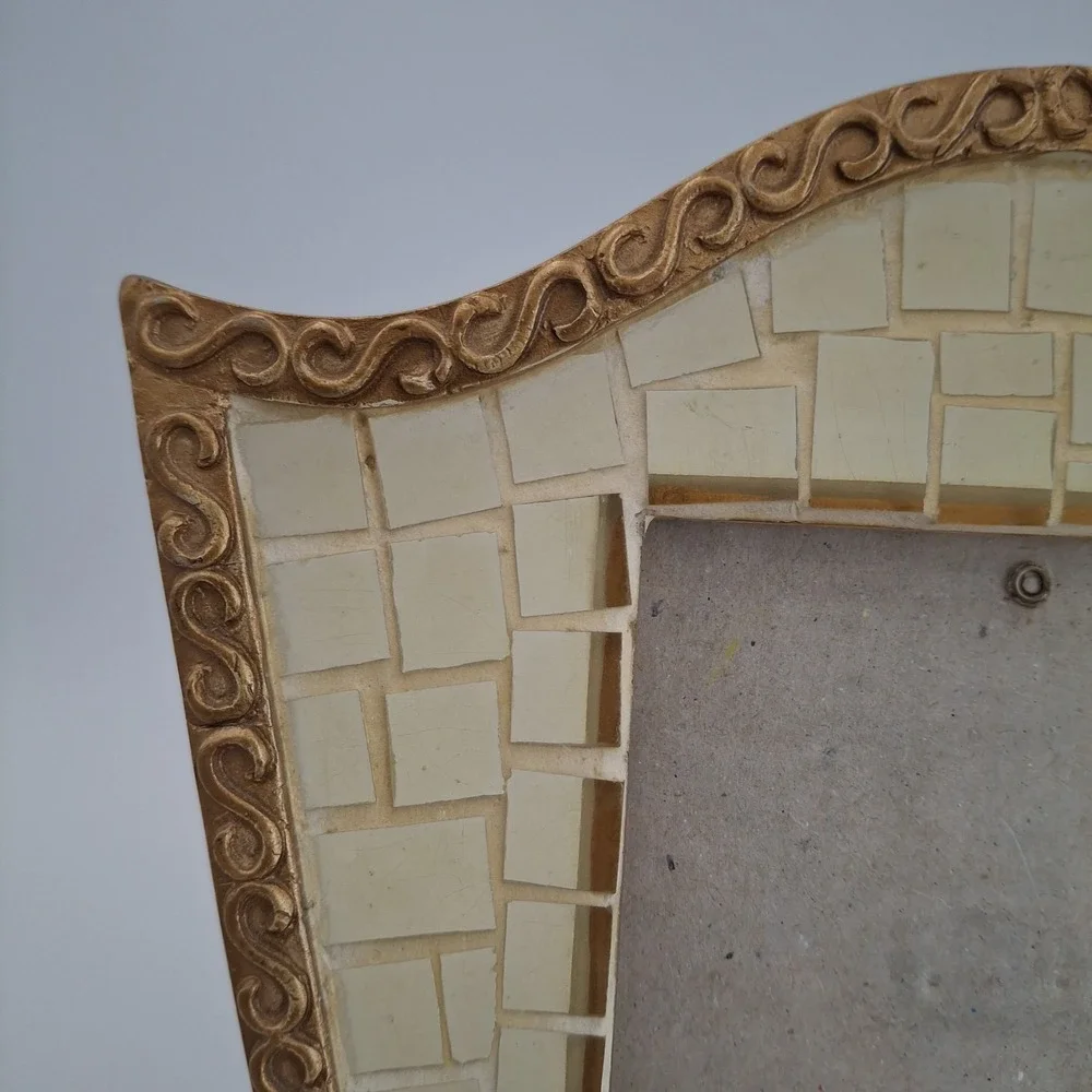 Vtg ANNA Gold Scroll Mosaic Frame Translucent Glass/Shell Tiles Shield Shape
